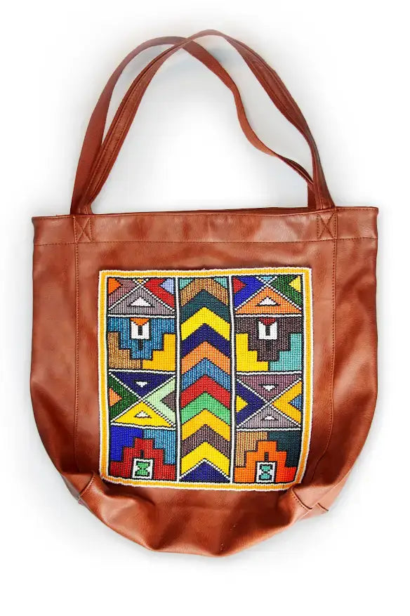Beaded  Faux leather Tote Bag - handcrafted, traditional