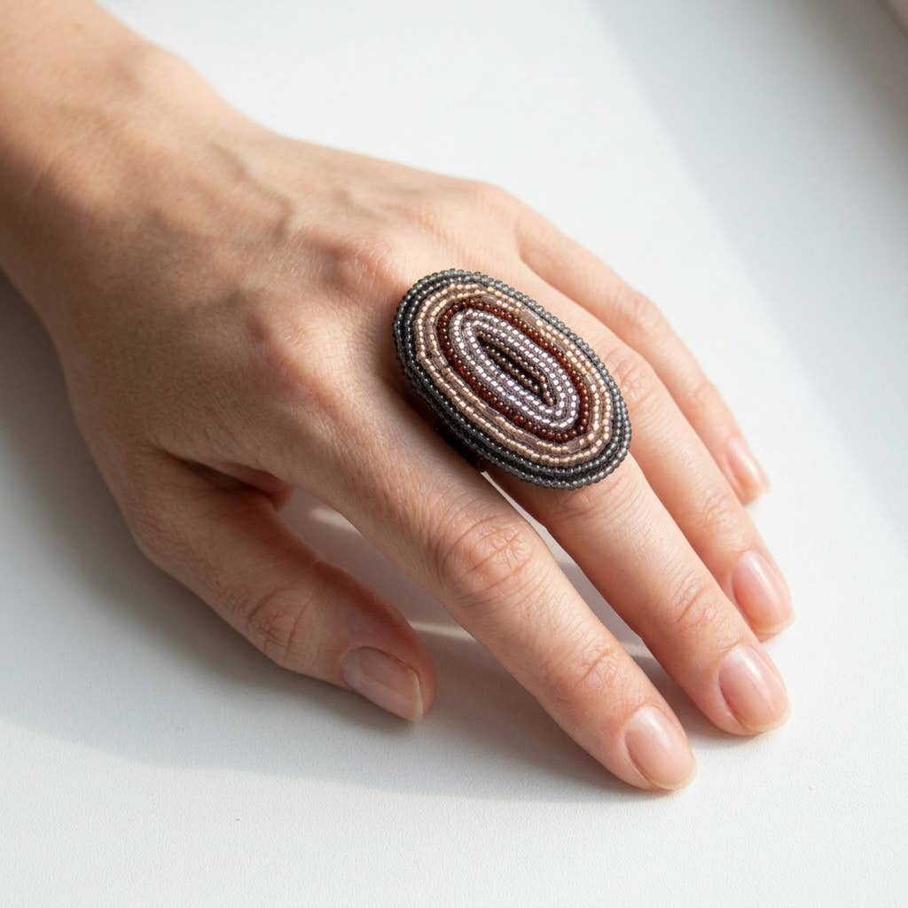 Handmade Beaded Ring - Oval - African beads